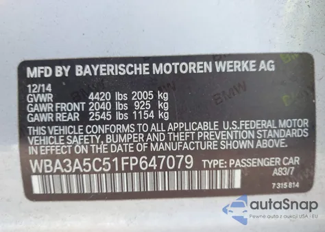 2015 BMW 328I z USA, uszkodzony, nr VIN WBA3A5C51FP647079